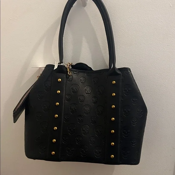 Betsey Johnson Black Skull-Embossed Tote Bag with Charm - Picture 2 of 8